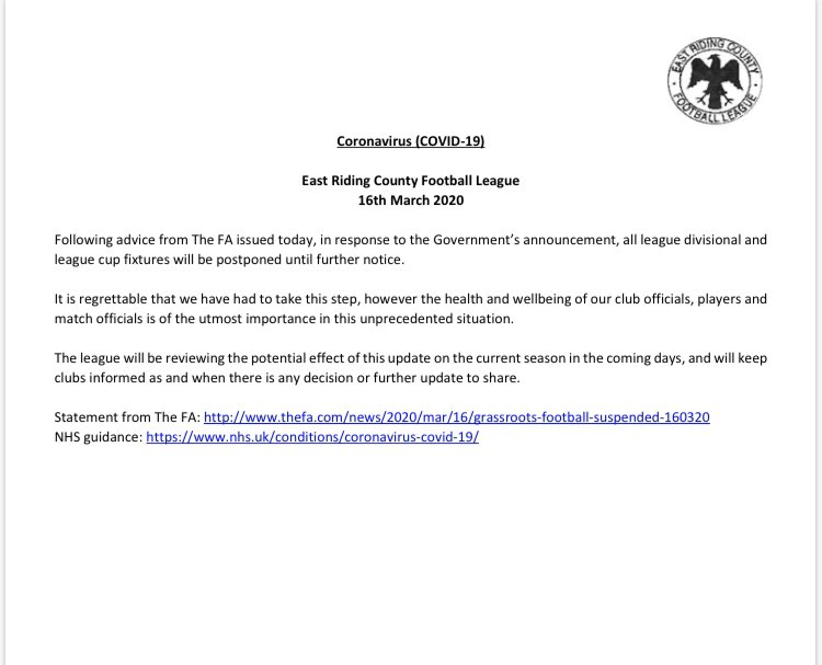Coronavirus (COVID-19) - Update

The League have today issued the following statement to clubs, in light of the latest guidance from <a href="/FA/">The FA</a> 

“All league divisional and league cup fixtures will be postponed until further notice.”

thefa.com/news/2020/mar/…
