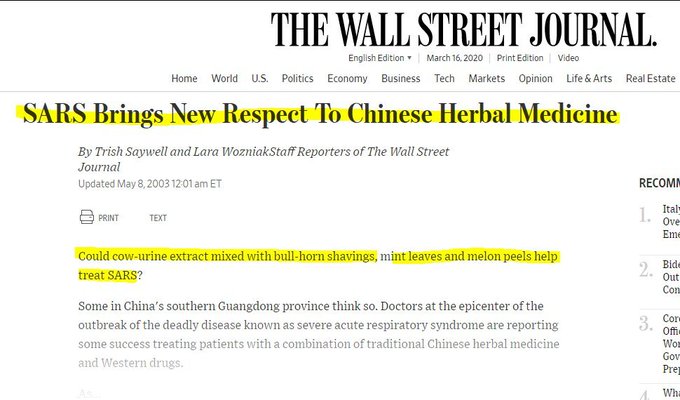 WSJ article—cure for SARS brought new respect for Chinese Medicine.It's main ingredient—cow urine.But India gets mocked globally.The difference? The Chinese are proud, project what they have. Indians are educated to hate it. So Indians mock it, rather than project globally.