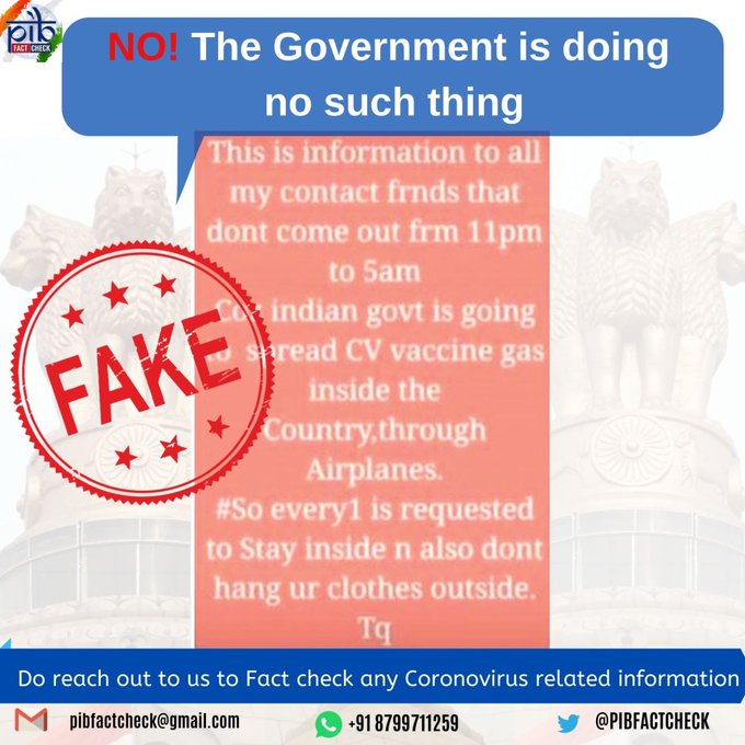 A stamp of Fake on a statement claiming that the Indian Government is planning to spread out CV Vaccine gas through Airplanes