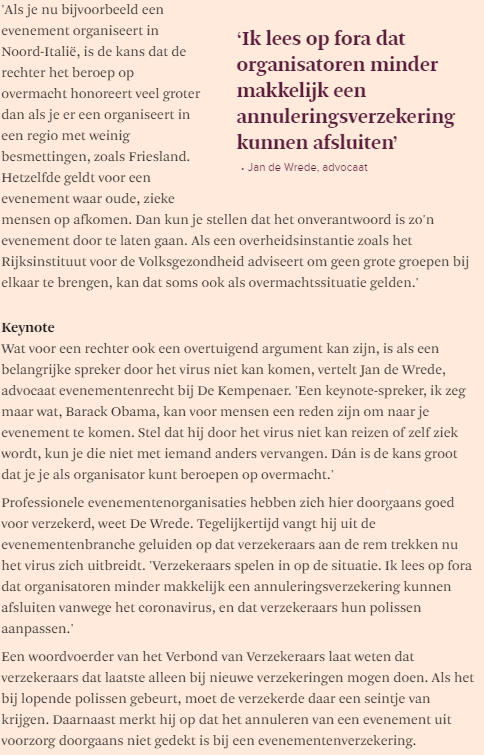 "Geen evenement vanwege corona, wie betaalt de annulering?"

Vorige week werd advocaat aansprakelijkheidsrecht <a href="/FlapperGea/">Gea Flapper</a> geïnterviewd door de binnenkort te lanceren website De Jurist. Hier alvast een sneak peek.
