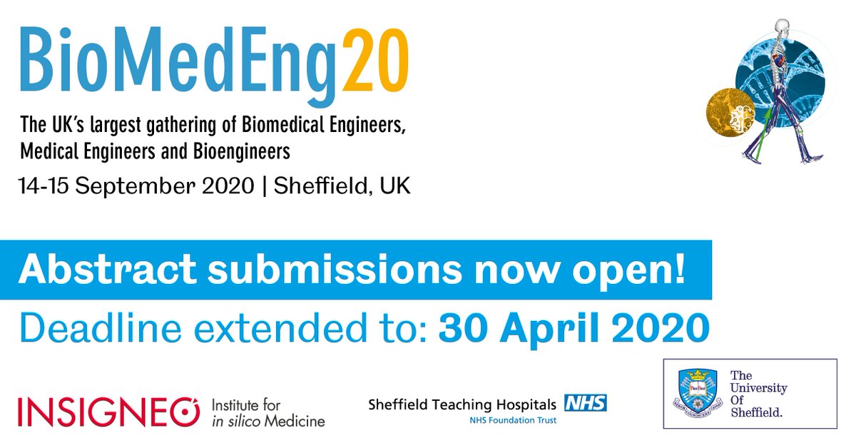 The #BioMedEng20 abstract submission deadline has been extended to 30 April 2020. Details on how to submit can be found here: biomedeng20.com/abstract-submi… <a href="/TCS/">Tata Consultancy Services</a> <a href="/UKSB/">uksb</a> <a href="/msesheffield/">Materials at TUoS</a> @Insigneo <a href="/BioengShef/">Bioengineering, The University of Sheffield</a> @sheffunimdh <a href="/SheffieldHosp/">Sheffield Hospitals</a> #biomechanics @uclmedphys <a href="/UCL_ICS/">UCL Institute of Cardiovascular Science</a> <a href="/ANSYS/">Ansys</a>