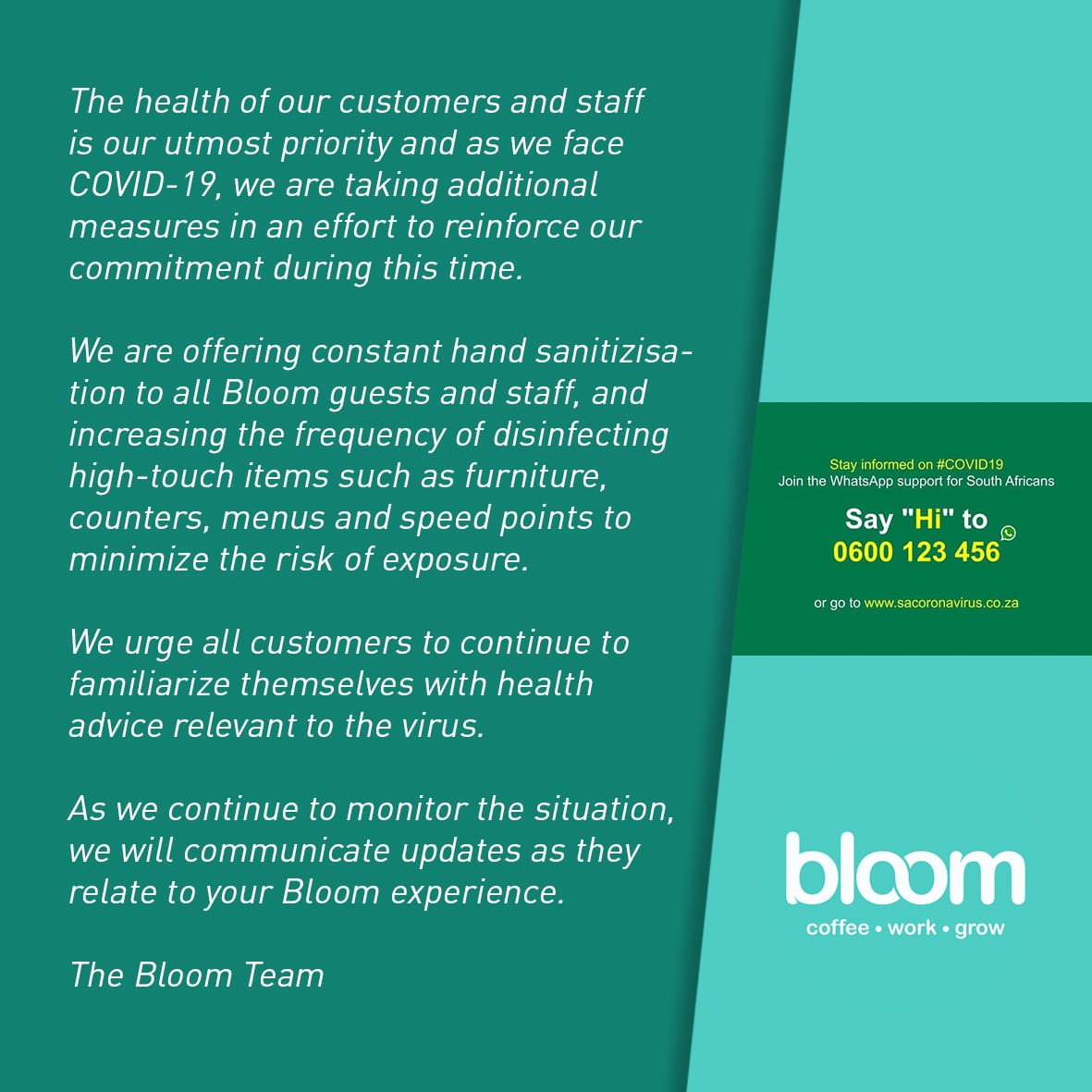 BloomCoffeeZA's tweet photo. A message from the Bloom Team ✨ https://t.co/Go2SMGlVNN