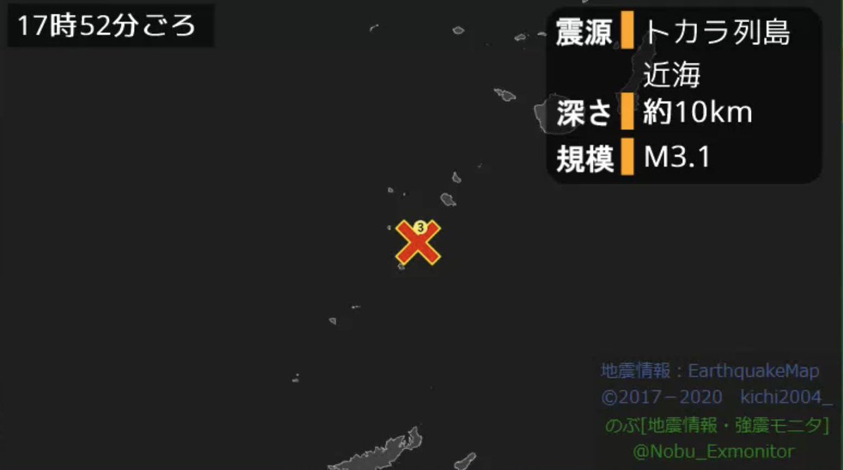 のぶ 地震 津波 災害情報 No Twitter 17 52ごろ地震がありました 震源地 トカラ列島近海 深さ 約10km 地震の規模 M3 1 津波の心配 なし 震度3 鹿児島十島村諏訪之瀬島 なお この地震による緊急地震速報は発表されていません 地震 地震速報
