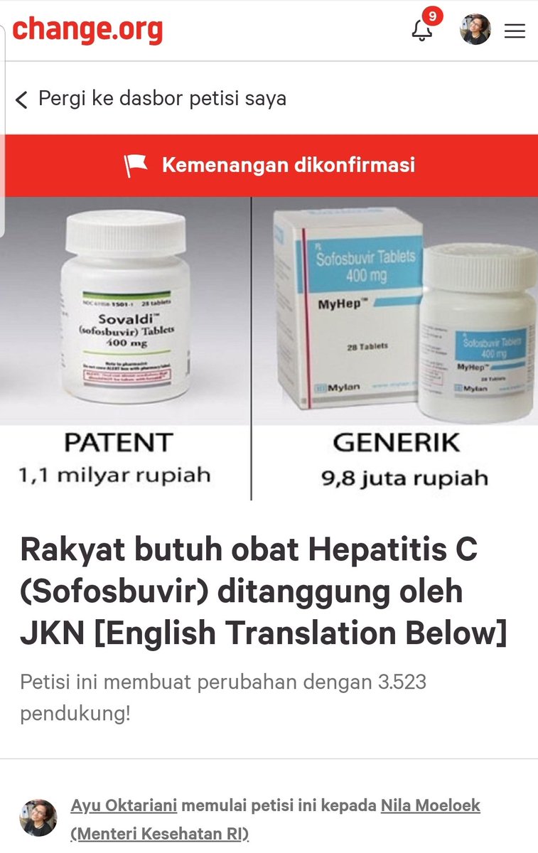 Skrg setiap kulihat lagi link petisi yg kami buat dulu.. rasanya terharu dan bangga. Ada tulisan itu 'kemenangan dikonfirmasi' https://www.change.org/obathepc Berkat energi & kekuatan tmn2 semua. Sekarang Sofosbuvir sdh bs didapatkan di Indonesia meskipun masih harus membeli 