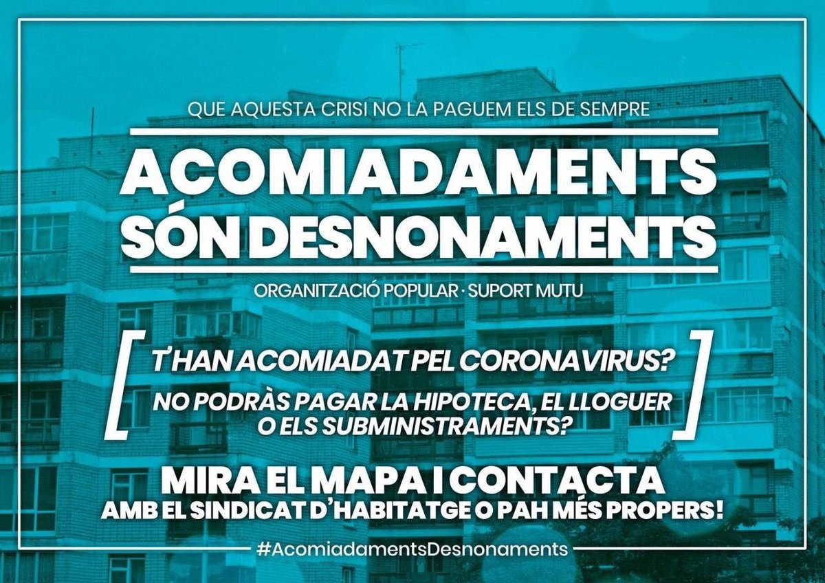 🔴 ACOMIADAMENTS SÓN DESNONAMENTS!

Que aquesta crisi no la paguem els de sempre!🔥

#AcomiadamentsDesnonaments

Mira el mapa i contacta amb el sindicat o PAH més proper:

➡️google.com/maps/d/edit?hl…