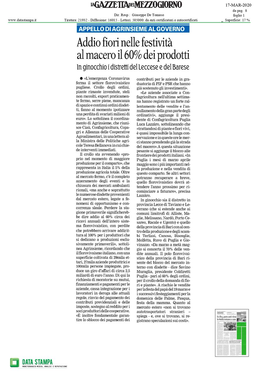 #Florovivaismo: appello di #Agrinsieme alla ministra #Bellanova, addio #fiori nelle festività, al macero il 60% dei prodotti per una perdita stimata di svariati milioni di euro. via #GazzettaDelMezzogiorno