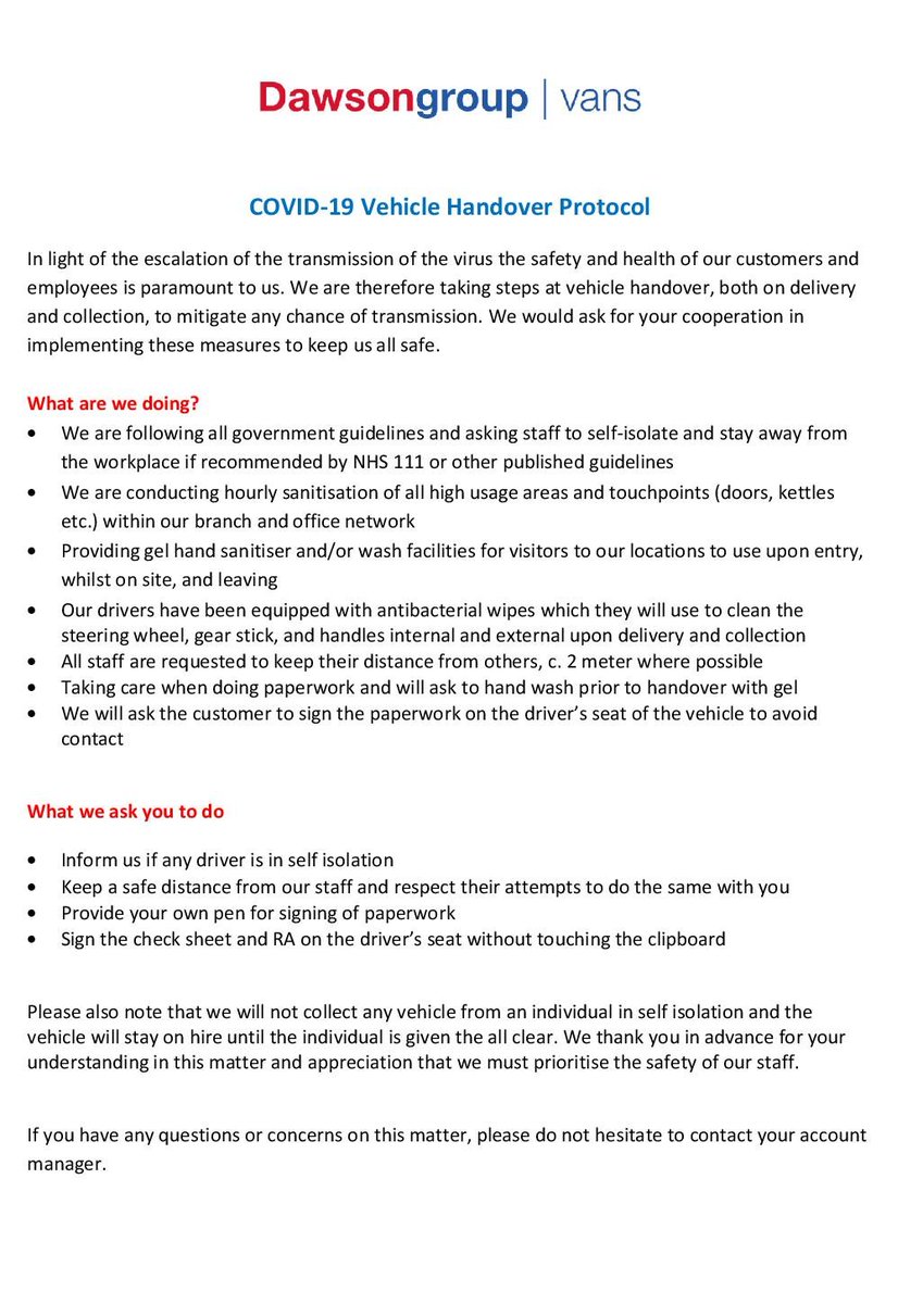 In light of the escalation of the transmission of the virus the safety and health of our customers and employees is paramount to us. We are therefore taking steps at vehicle handover, both on delivery and collection.

#coronavirus #covid19 #handover