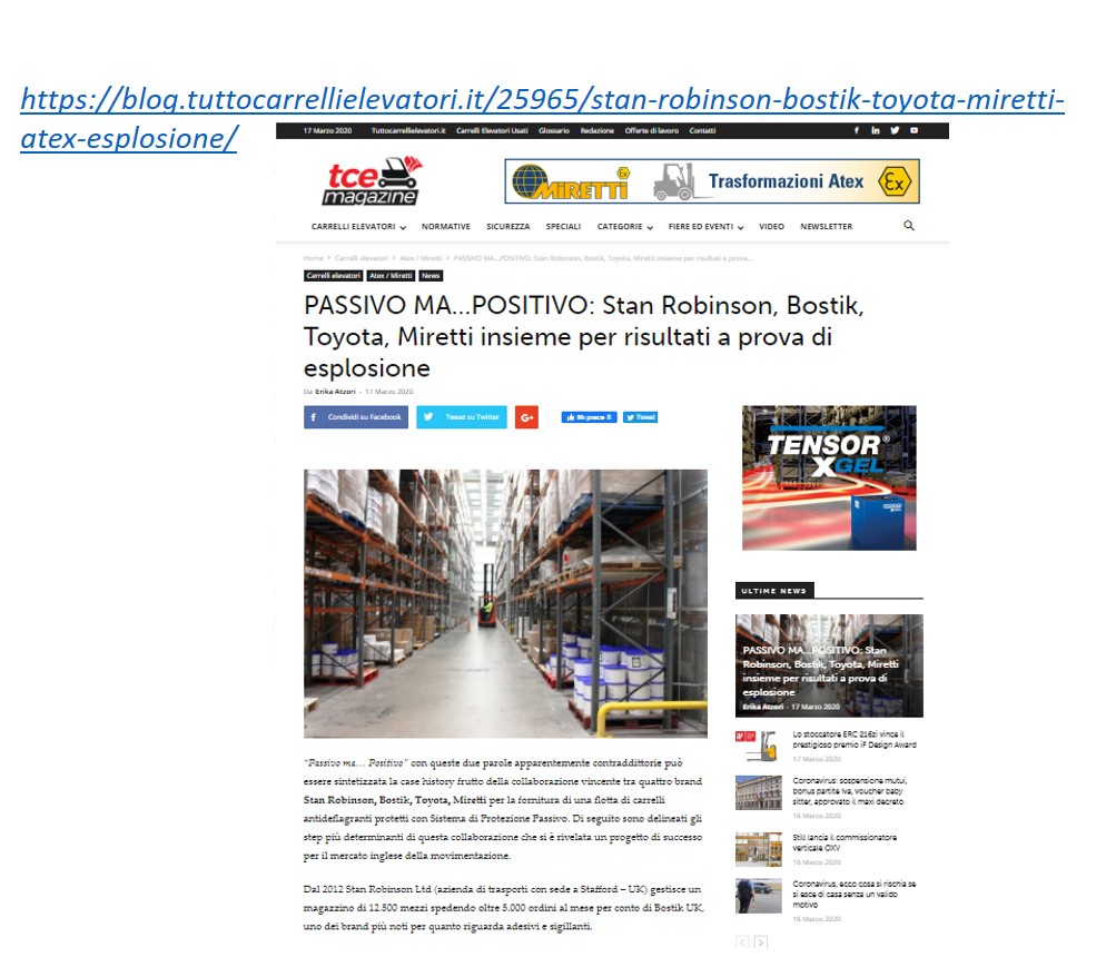 Ex_Protections's tweet image. Oggi su Tuttocarrellielevatori l'articolo "PASSIVO MA.... POSITIVO" dedicato alla case story che coinvolge sul tema Protezione Atex di carrelli 4 brand: Stan Robinson, Bostik, Toyota, Miretti... #SafetyFirst Buona lettura a tutti!
blog.tuttocarrellielevatori.it/25965/stan-rob…