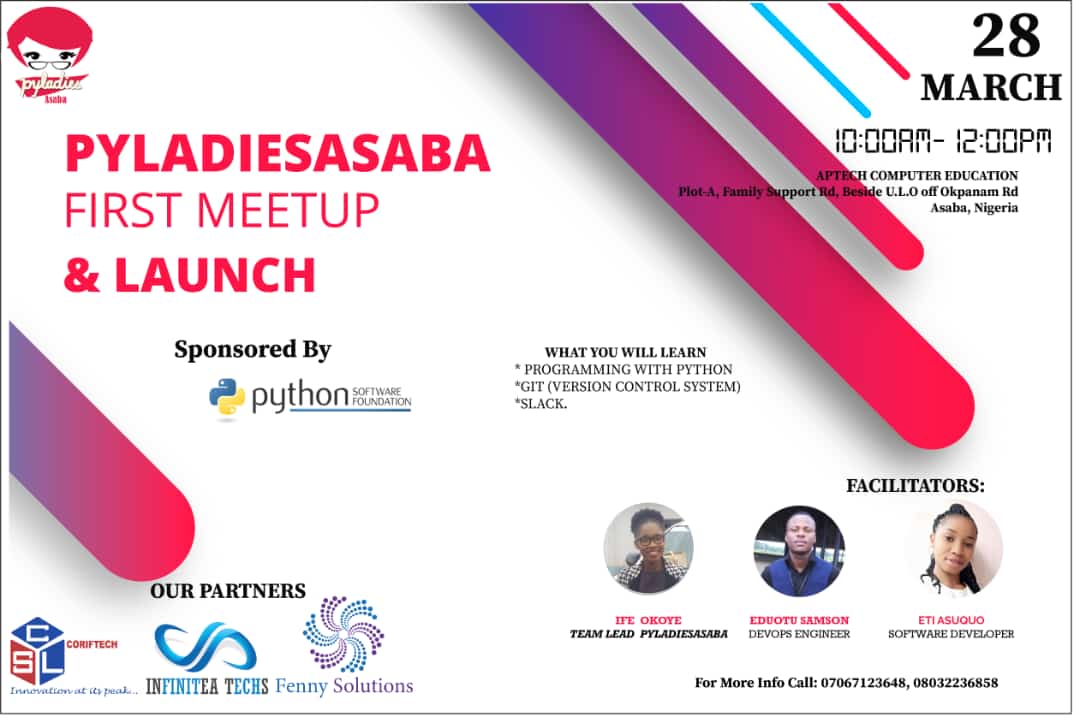 ogheneinfinitea's tweet photo. #pyladiesasaba
Venue @aptech_asaba
@ogheneinfinitea @primfenny
DATE: 28 MARCH 2020. 10AM PROMPT.
@ThePSF @NYCPyLadies @pyladiesimo #coriftech #pyladies #python #IWD2020 @PyLadiesChicago @loooorenanicole @PythonNigeria https://t.co/PLiG2TeeJT