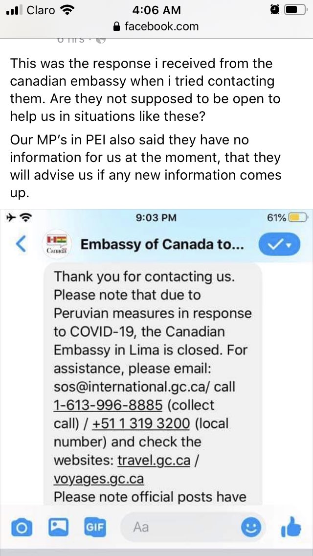 MaggieMcKellar1's tweet photo. @FP_Champagne @JustinTrudeau @AmbJansenCAN @juliedabrusin 
Canadians #stuckinPeru received message that Embassy is closed. Sos@international.gc.ca sent generic form letter not specific to Peru, suggesting we ‘come home’...we are trapped. Please send specific guidance to Peru. https://t.co/MvLrQGtGyY