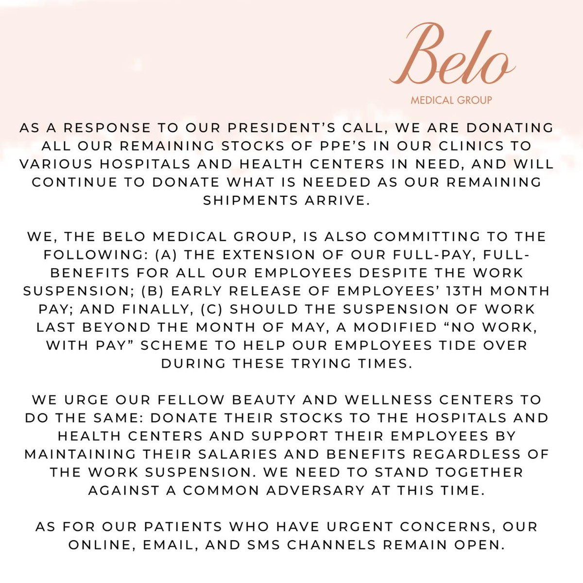 mjfelipe's tweet photo. READ: Belo Medical Group wull be donating ALL of its stocks of PPE (Protective Personal Equipment) to various hospitals to aid our medical/health workers. Also, their employees will be receiving full pay, full benefits and early release of 13th month pay. https://t.co/oakrNEZ581