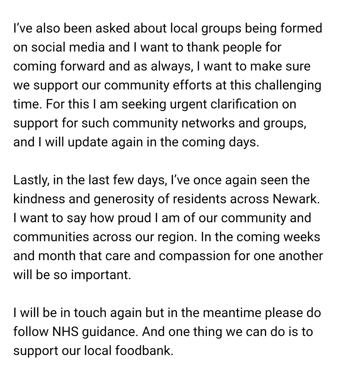 UPDATE: My Response to COVID-19 and community support in Newark. I want to say a big thank you to all those who have offered help. 

More below and will be updating again in the coming days. And for those who can please support our foodbank newark.foodbank.org.uk