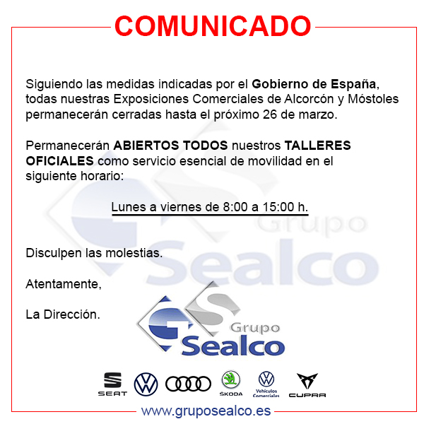 gruposealco's tweet photo. 🚨COMUNICADO #COVID19 🚨
Nuestras Exposiciones Comerciales permanecerán cerradas hasta el próximo 26 de marzo.

Permanecerán abiertos nuestros talleres oficiales como servicio esencial de movilidad en  horario: 
Lunes a viernes de 8:00 a 15:00 horas.

Disculpen las molestias. https://t.co/sPYeujGDcN