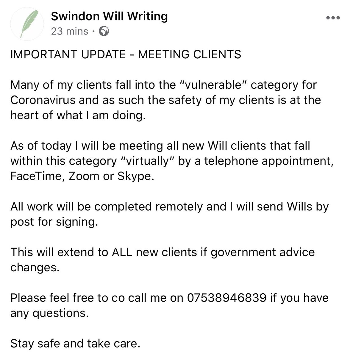 Here is my latest advice to anyone wanting me to draft their Wills.

Stay safe and take care.

#swindon #smallbiz #wiltshire #willwriting