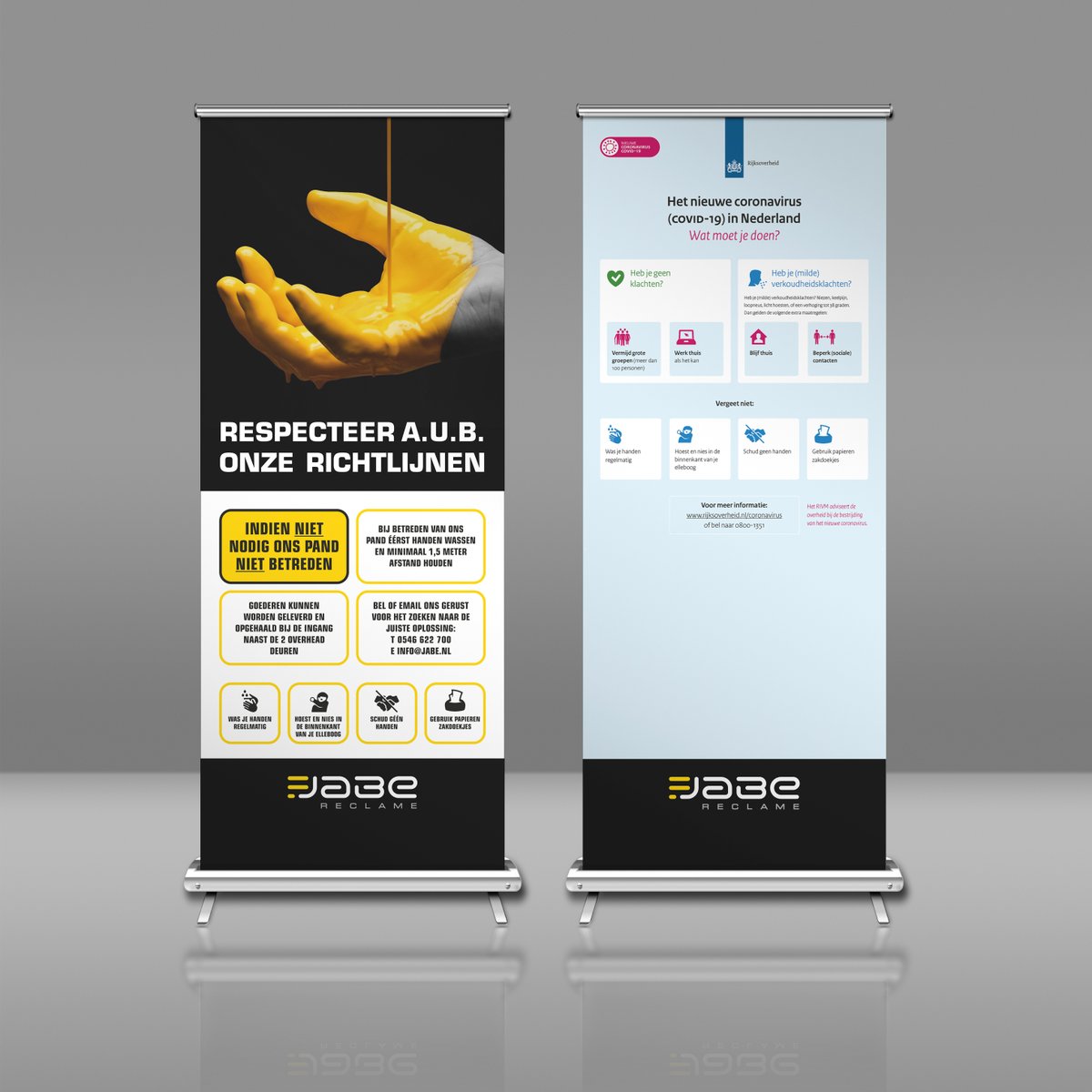 Wilt u zelf een rollup banner neerzetten bij de ingang van uw pand? Wij bieden oplossingen voor het overbrengen van informatie naar uw klant. Bel of email ons gerust voor het zoeken naar de juiste oplossing.

T 0546 622700, E info@jabe.nl, jabe.nl