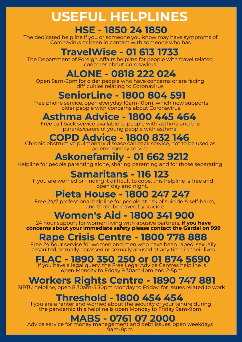 RoisinShortall's tweet photo. An updated helpline list with some of your additions from yesterday. Please keep the suggestions coming and make sure to spread the word. Thank you to all the organisations, workers and volunteers who are keeping these helplines open. #Coronavirus #COVID19 #Helplines https://t.co/PisybZAuKq