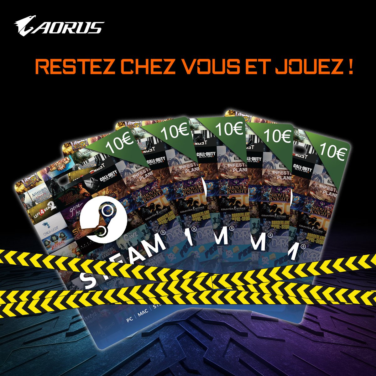 AORUS_France's tweet photo. ⚠ A tous nos fans, soyez prudent et restez chez vous ! 😷

🎁 Pour vous aider voici quelques bons Steam à gagner ! 

🔸 RT + Follow @AORUS_France 

10 gagnants annoncés ce soir ! 

#TeamUpFightOn
#StaySafeAndGame https://t.co/BEmRu79Xs9