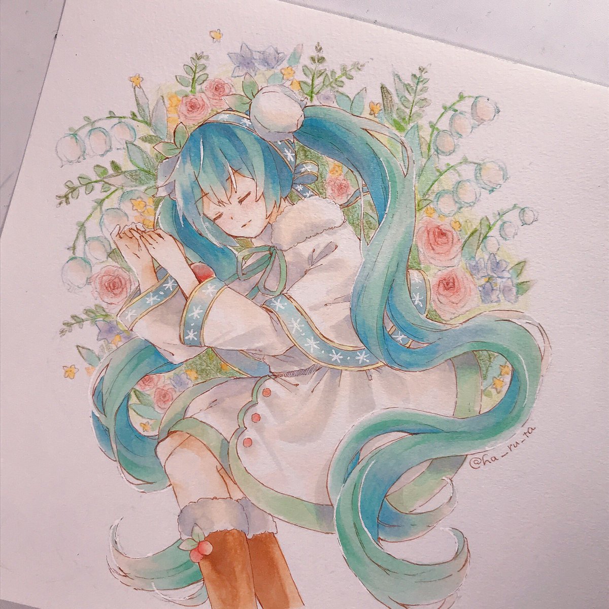 hatsune miku 1girl lily of the valley flower closed eyes solo twintails long hair  illustration images