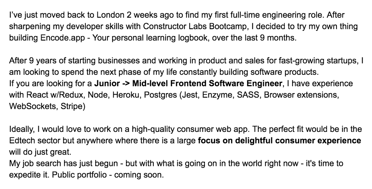 In the worst possible timing, 2 weeks ago I moved back to London to look for my first full-time Frontend Engineering role.

I have 9 years of experience working product and sales in fast-growing Start ups (Pusher, GoCardless, Mint Digital)

Please read below and share if possible