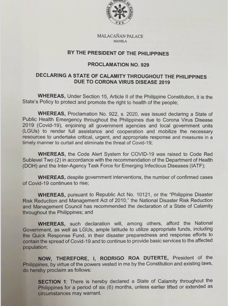 inquirerdotnet's tweet photo. JUST IN: President Duterete issues proclamation declaring a state of calamity in the entire Philippines due to coronavirus. | @DJEsguerraINQ https://t.co/tYCWECtTwL