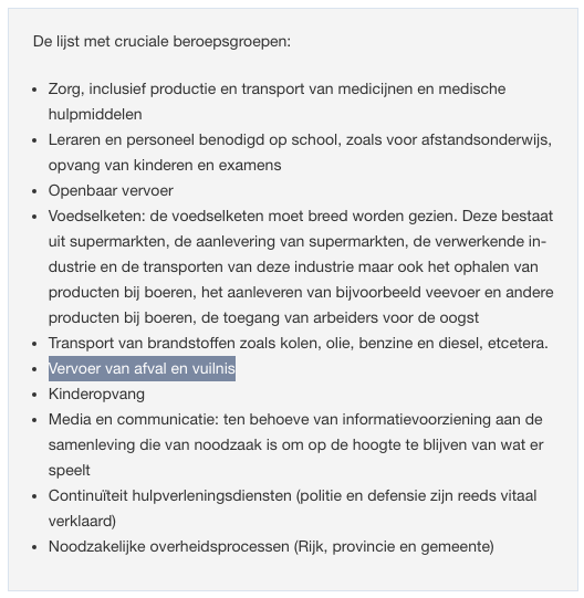 Een van de meest ondergewaardeerde beroepsgroepen, is cruciaal volgens de <a href="/Rijksoverheid/">Rijksoverheid</a>: de vuilnismannen!! Ik hoop dat wanneer we deze crisis onder controle hebben, vooral deze mensen in de lijst, allemaal de waardering gaat krijgen die ze feitelijk verdienen!! #samensterk