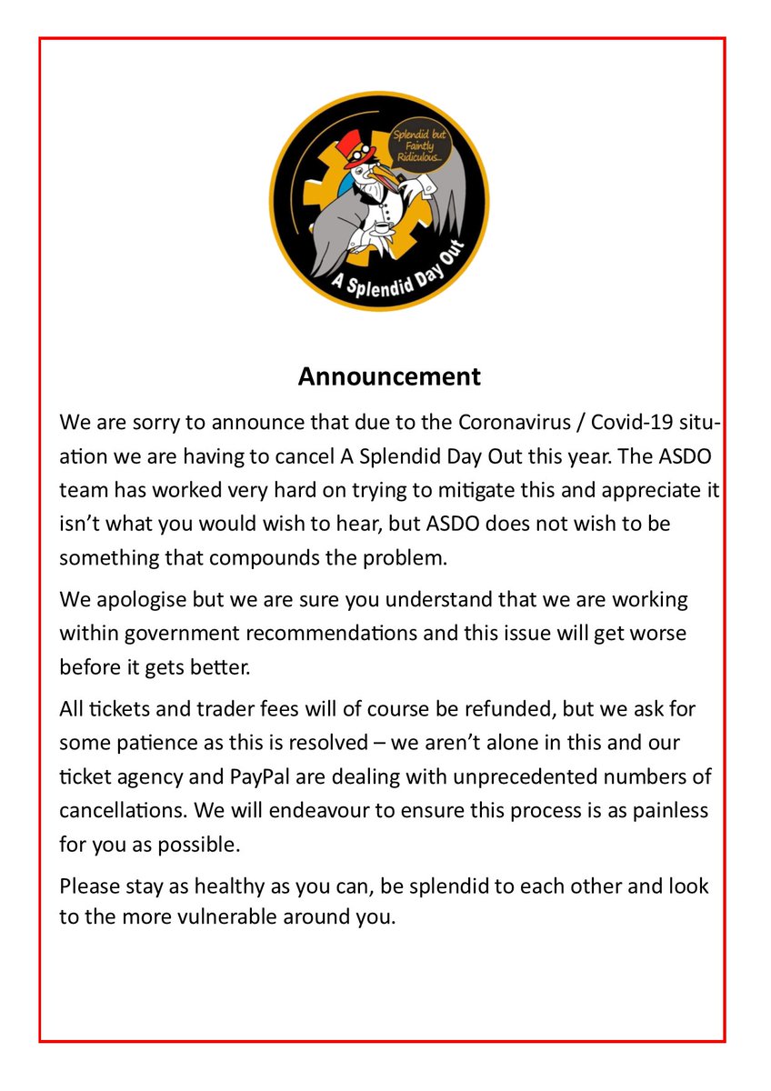 We are sorry to announce that A Splendid Day Out is cancelled due to the coronovirus situation. #AsplendidDayOut