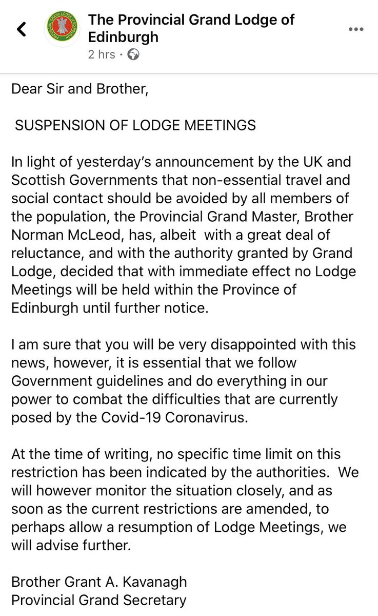 The PGM of Edinburgh has reluctantly suspended all masonic activity for the time being, following government advice.