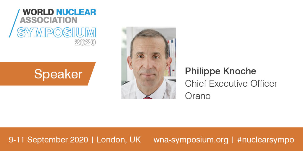 WorldNuclear's tweet photo. CEO of @Oranogroup and @WorldNuclear Chairman (from April 2020),  @PhilippeKnoche will speak at World Nuclear Association Symposium 2020 #nuclearsympo in September. Register now for early bird registration rate: https://t.co/Aj6PEz2Gsz

@NuclearSympo https://t.co/veDcec144o