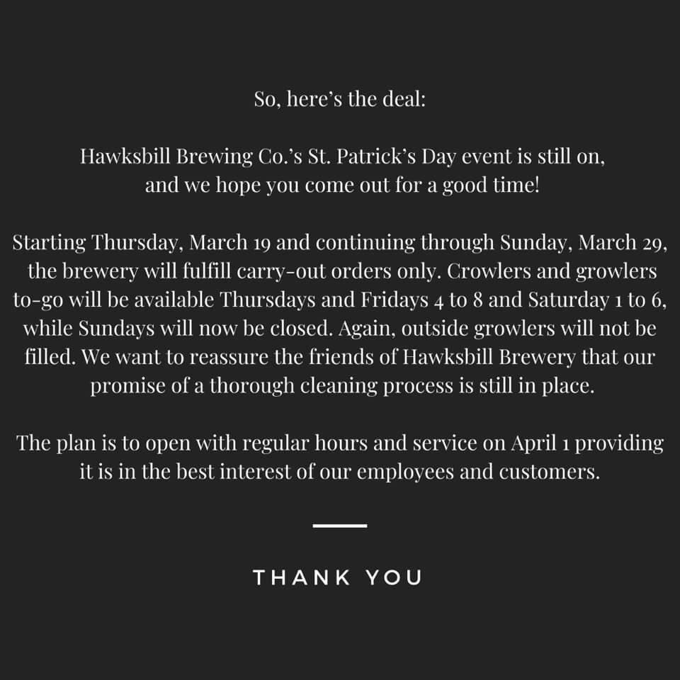 hawksbillbrew's tweet photo. Here's our contingency plan for the next two weeks @hawksbillbrew - if you'd like to enjoy some of our beers we'll have pick-up service available.  We plan to get back to regular service 4/1 if circumstances permit!  #seeyouatthebrewery https://t.co/AnA2xLM8xu