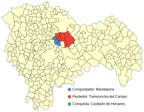 Semana 474: Mandayona ha conquistado Castejón de Henares, territorio antes ocupado por Torremocha del Campo. Quedan 89 pueblos.