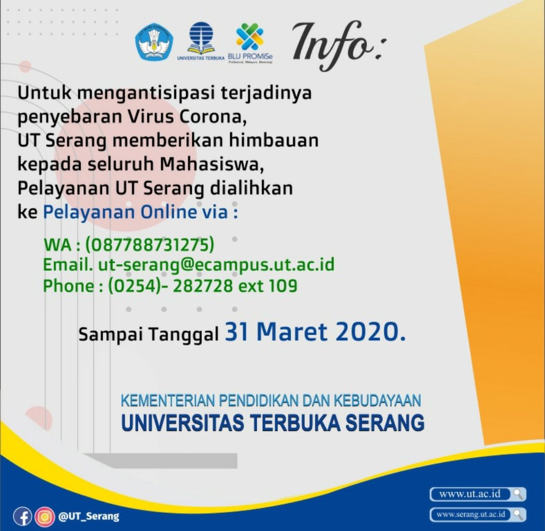ut_serang's tweet photo. Hallo teman-teman semua, semoga kita selalu dalam keadaan sehat ya🙏😊

Ada informasi penting nih dari UT Serang buat teman teman, berkaitan dengan kewaspadaan terhadap virus corona..

Selalu jaga kesehatan ya buat teman-teman semua😊 https://t.co/ACLJuwWGxh
