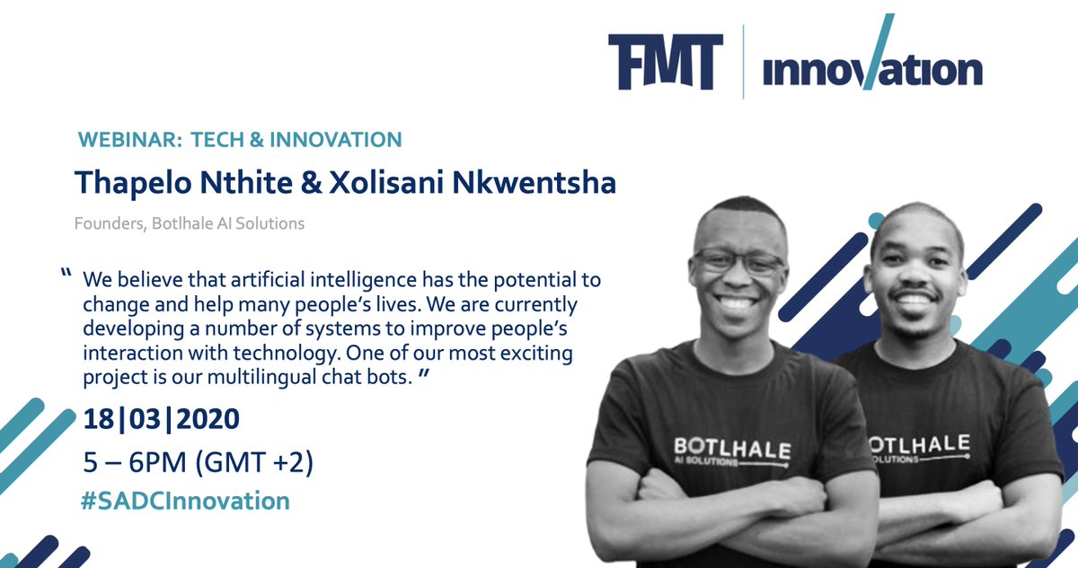 Finmarktrust's tweet photo. As we focus on the use of tech to develop solutions in #SADCInnovation, @botlhaleAI - winners from S3 #DataHack4FI tell us about their approach to AI systems in #SouthAfrica. Read more at https://t.co/oKDMoYbapc with @Finmarktrust &amp; @i2ifacility. Join here https://t.co/v4Wgq9hlon https://t.co/6o4dMBtfQv