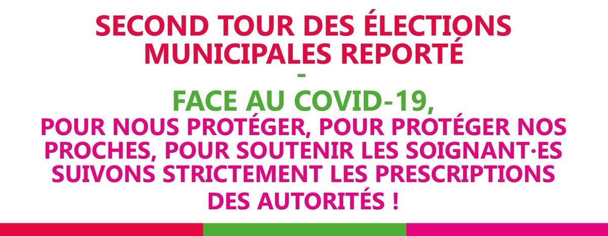 Le Président a annoncé le report du 2nd tour des municipales.Cette décision, sage, s'imposait.Face à la crise sanitaire qui frappe notre pays, la priorité est de nous protéger, de protéger nos proches, de soutenir les soignants.Suivons strictement les prescriptions des autorités.