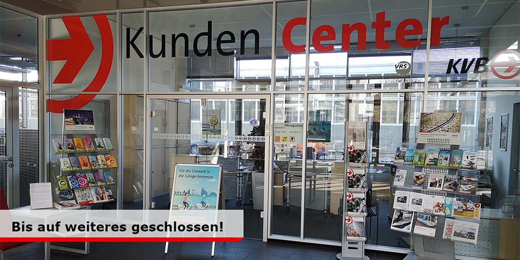 KVBAG's tweet photo. ⚠ Alle KundenCenter bleiben bis auf weiteres geschlossen ⚠ Unsere Vertriebsstellen am Neumarkt, Dom und Ebertplatz sind nach wie vor geöffnet!
Ab 18.03. fahren wir nach Samstagsfahrplan. Die Daten sind in der Fahrplanauskunft abrufbar. Bleibt gesund! 🍀 #coronavirus #COVID2019 https://t.co/0UnNpShcOd