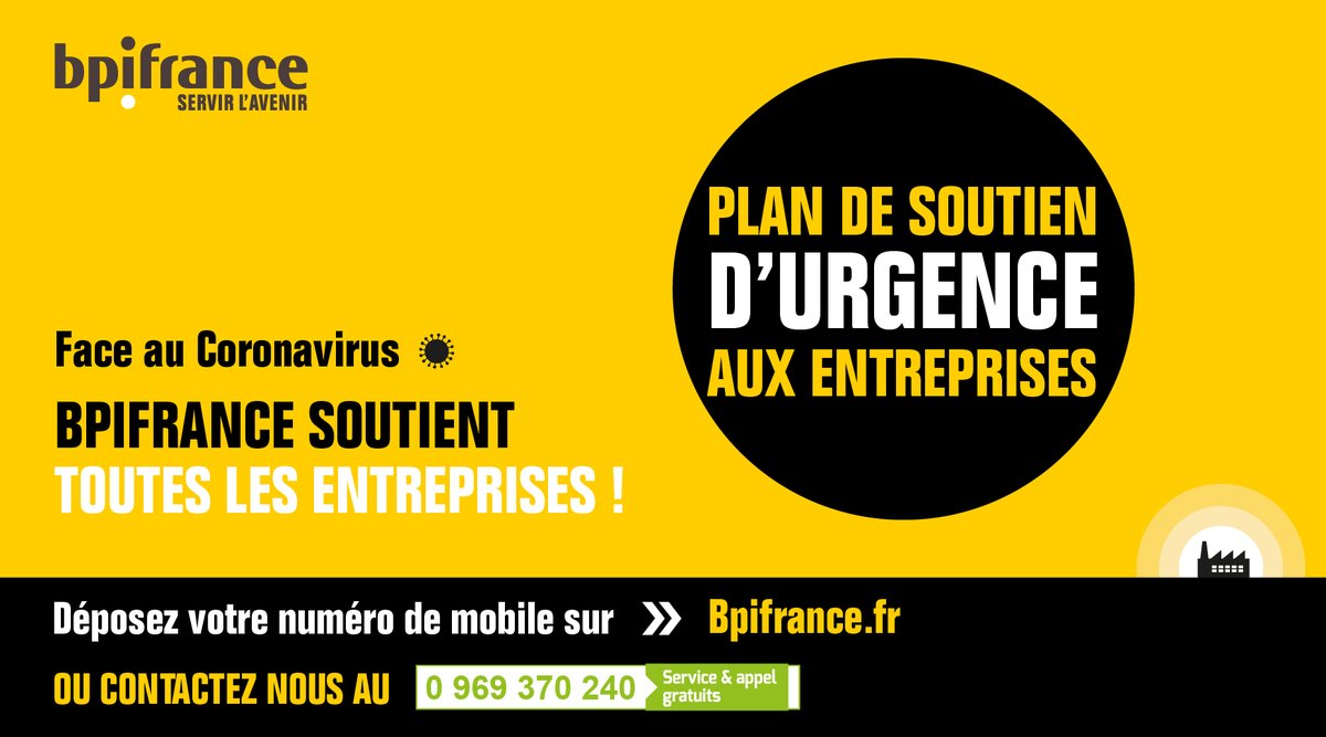 Face à la violence de cette crise, <a href="/Bpifrance/">Bpifrance</a> met en place des mesures exceptionnelles d'accompagnement financier pour les TPE, PME et ETI. Déposez votre numéro sur le site de bpifrance.fr et nous vous rappellerons pour vous orienter au mieux 🙏 #BpifranceAvecVous