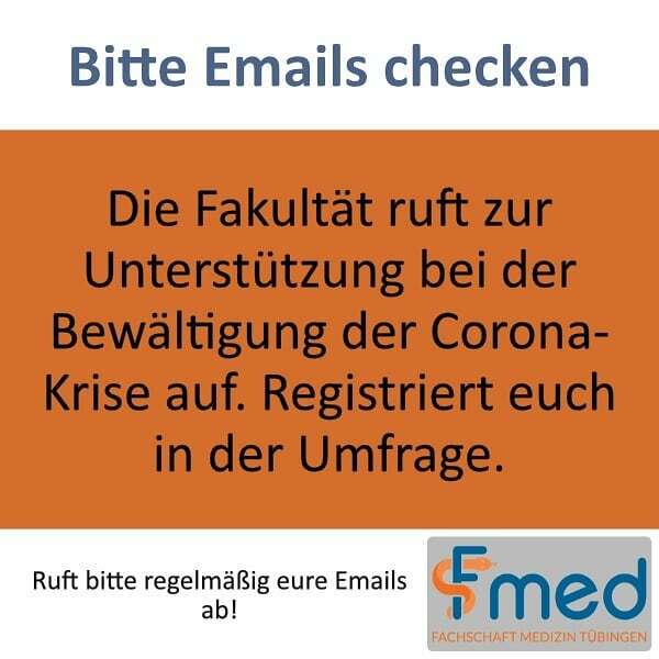 Soeben gab es per Mail einen Aufruf des Dekanats zur Unterstützung in der Corona-Krise. Bitte checkt eure E-Mails und tragt euch in die Liste ein. Es wird unterschieden zwischen Patientennaher und sonstigen Tätigkeiten - das heißt  jeder kann sich überlegen, was er sich aktu…