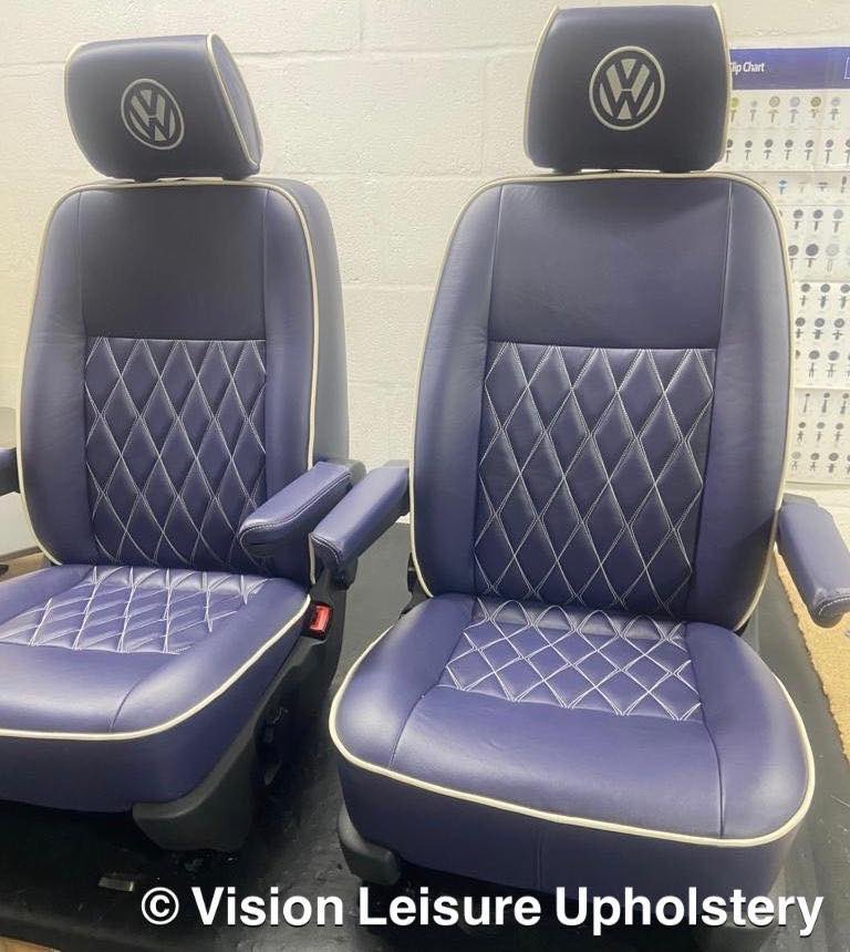 VisionLeisure's tweet photo. Something a bit different, purple leather with cream piping and bespoke stretch diamond centre panels #VW #VWT5 #VWT6 #VWSeats #VWconversions #madeintheuk๐ฌ๐ง https://t.co/ZNqDsWWnT3