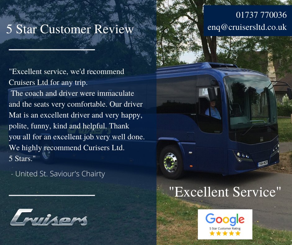A lovely review from a valued customer. We work with many disability Charities providing accessible travel. 

If you need a quote for your upcoming trip or for regular transport you can contact us using the details below. 

✉️enq@cruisersltd.co.uk
📞01737 770036

#coachhire