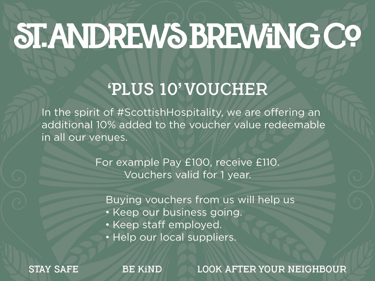 The UK hospitality industry has been dealt a body blow today. 
We have some amazing staff, and some amazing venues. Buy a #VirusVoucher from us, and we will add 10% on top. standrewsbrewingcompany.com/shop