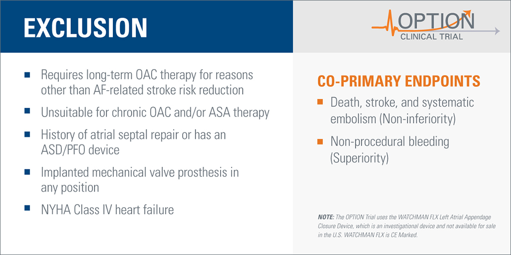 EPLabDigest's tweet photo. The #OPTIONTrial is studying WATCHMAN FLX™ vs. OAC for stroke risk reduction in post-AF ablation patients. This #LAAC study will have more ablation patients than CABANA @dngibson2 @omwazni https://t.co/87ooq3rh3T https://t.co/moUWREDZ1p