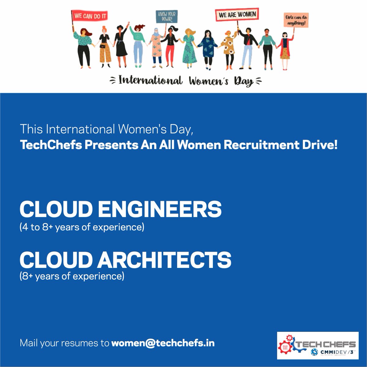 Tech_Chefs's tweet photo. #HiringAlert - TechChefs invites women who are passionate about technology to be part of our team. We are looking for Java Developers, Cloud Engineers and Cloud Architects to join our team at Bangalore. Send in your resume to women@techchefs.in

#TechChefs #TechChefsCareers https://t.co/o0HL4bqJfl