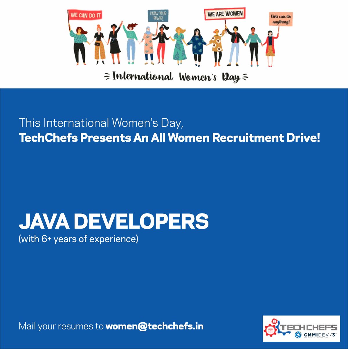 Tech_Chefs's tweet photo. #HiringAlert - TechChefs invites women who are passionate about technology to be part of our team. We are looking for Java Developers, Cloud Engineers and Cloud Architects to join our team at Bangalore. Send in your resume to women@techchefs.in

#TechChefs #TechChefsCareers https://t.co/o0HL4bqJfl