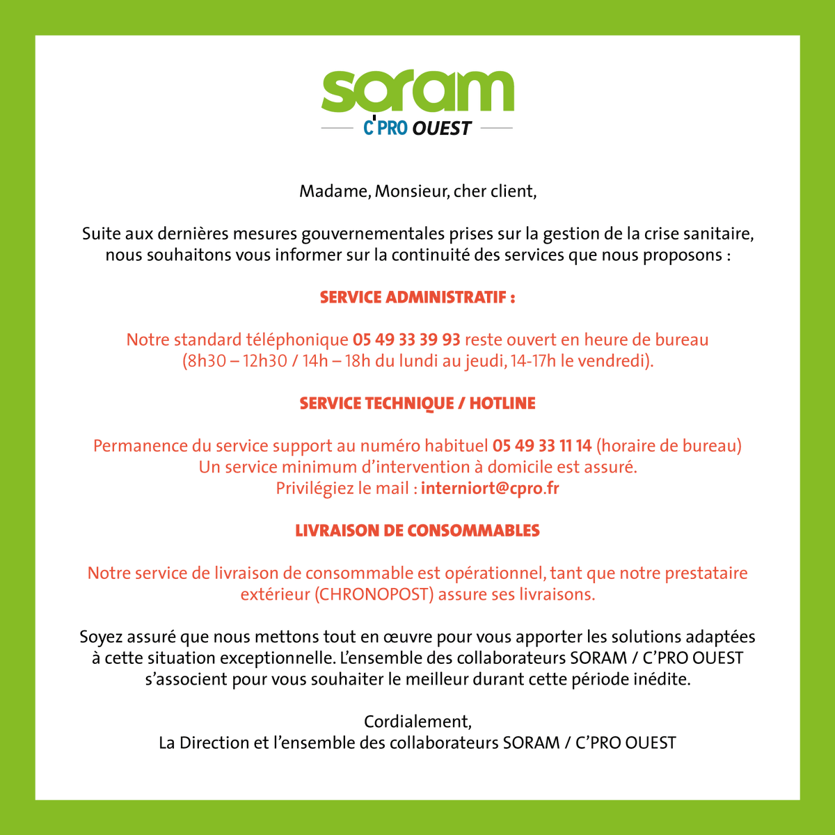 ⚠️ INFORMATIONS IMPORTANTES COVID-19  - CONTINUITÉ DE L'ACTIVITÉ ⚠️