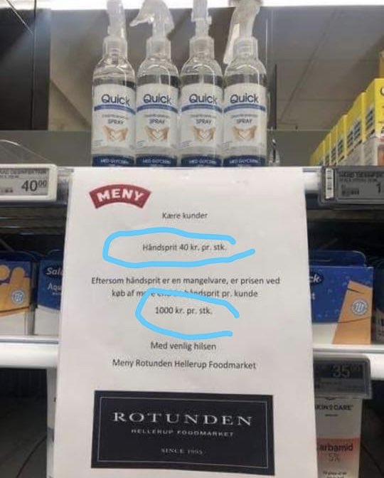 anastjerne's tweet photo. En Dinamarca compras un #AlcoholEnGel y te sale 40 coronas si compras dos 1000 coronas. Bien Vikinga la promo // Ubícate se solidario!! #coronavirus @BajoConsumo https://t.co/fPSE92QDLS