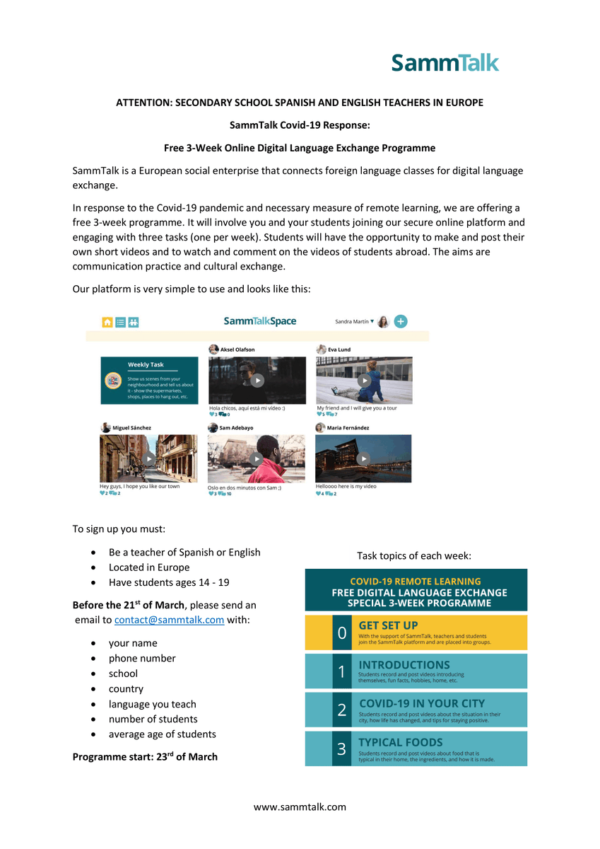 sammtalk's tweet photo. FREE mini programme for remote learning - please share with secondary school teachers of English and Spanish! #covid19 #onlinelearning #LanguageLearning #sammtalk https://t.co/ZfIiezVXc5