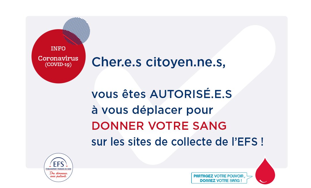 [#Coronavirus #COVID19] 📣 Le #DonDeSang est autorisé, sous réserve de remplir l’attestation officielle ou une déclaration sur l’honneur indiquant aller donner son sang, au motif de l’assistance aux personnes vulnérables.💛 Un grand merci pour votre mobilisation !