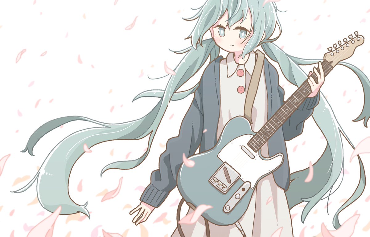 hatsune miku 1girl instrument solo long hair twintails guitar petals  illustration images