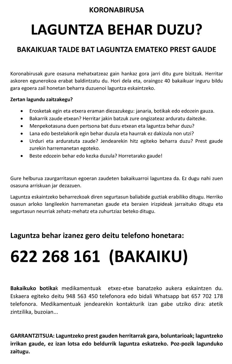 bakaiku_info's tweet photo. Bakaikun 40 lagunetik gora saretu gara bizi dugun egoera berezian behar duten herritarrak laguntzeko. LAGUNTZA BEHAR BADUZU HEMEN GAUDE: 622 26 81 61
#bakaiku #auzolana #elkartasuna https://t.co/1iSNQ4ynMx