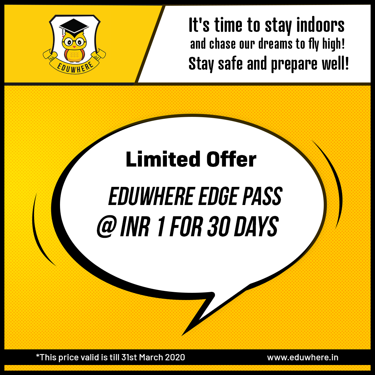 myeduwhere's tweet photo. Presenting Eduwhere Edge pass just for ₹ 1 for 1 month! In this pass, get complete access to all the online mock tests listed at https://t.co/YmK3a4Cdtu. Visit https://t.co/EwBM1Lzydf to get your Edge Pass today! https://t.co/cmWdkXSm1T