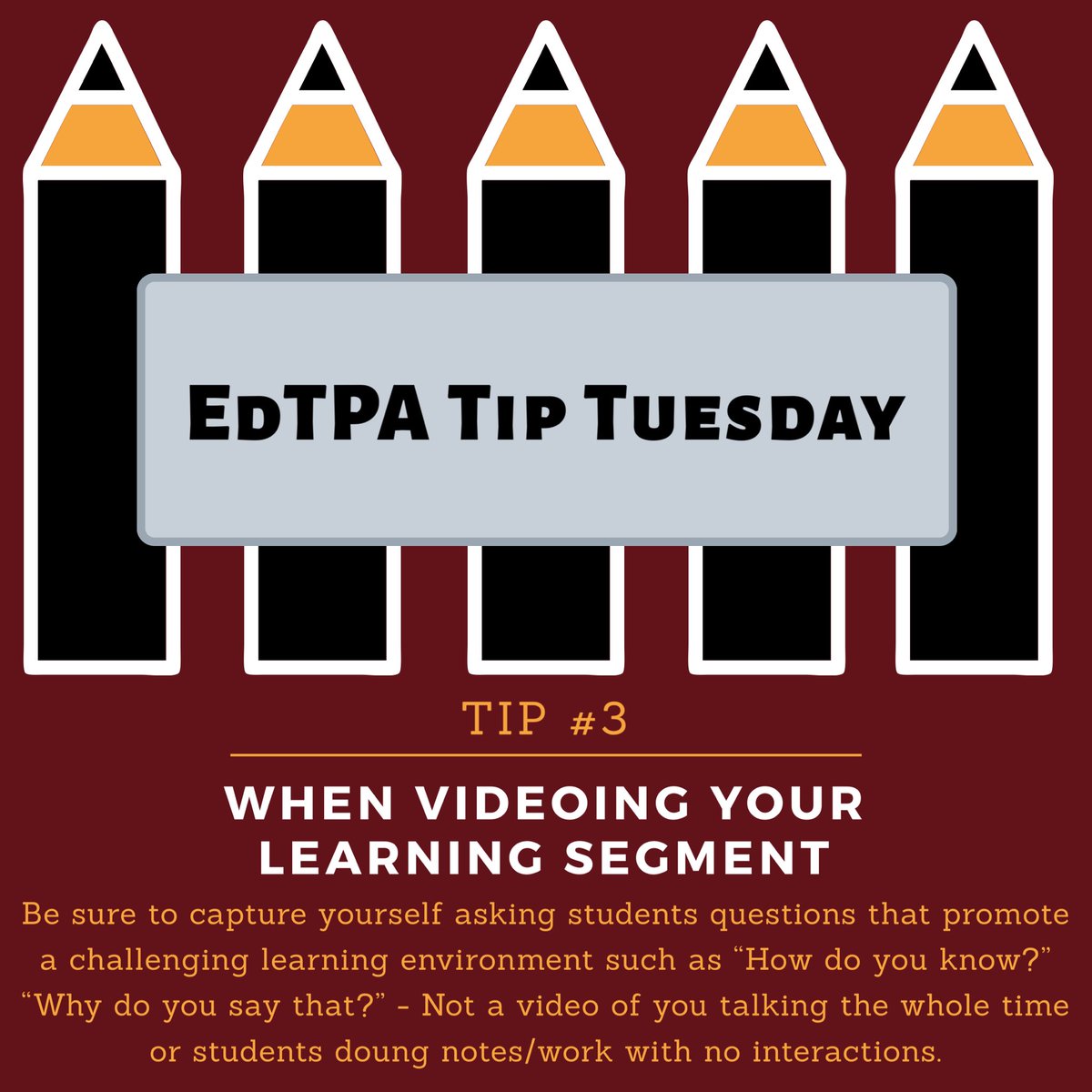 drshannondadd's tweet photo. Many times I will see a teacher candidate record themselves lecturing the whole time or asking narrow questions that demonstrate memorization and not critical thinking. This will get you a low score on rubrics in task 2. #edtpa #edtpatips #edtpatiptuesday https://t.co/aQ6FUSPIxL
